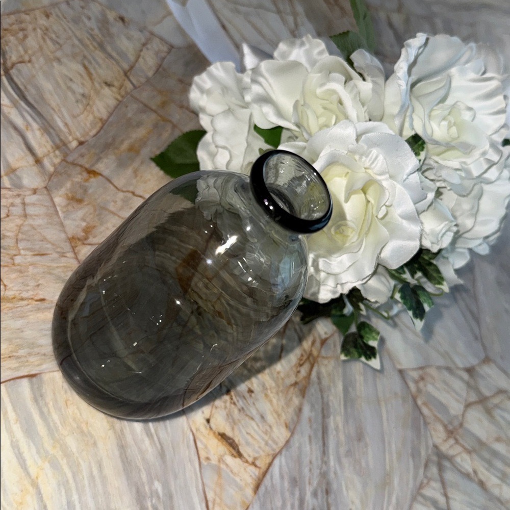 Elegant Gray Glass Flower Or Decor Vase Hand Blown with Smoked Finish